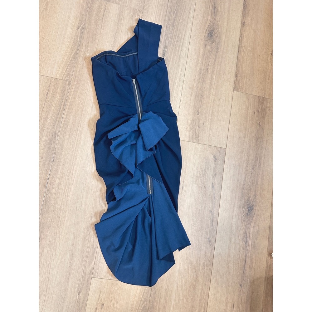 Nicole Bakti Aida Navy One Shoulder Ruffle Back Cocktail Dress Size 4 - Picture 3 of 7